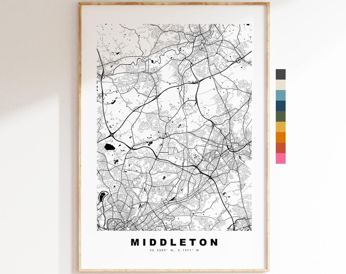 Middleton Map Print - Minimalist City Map Poster - Map Art - UK - Middleton Print - Greater Manchester - Different Colours Available