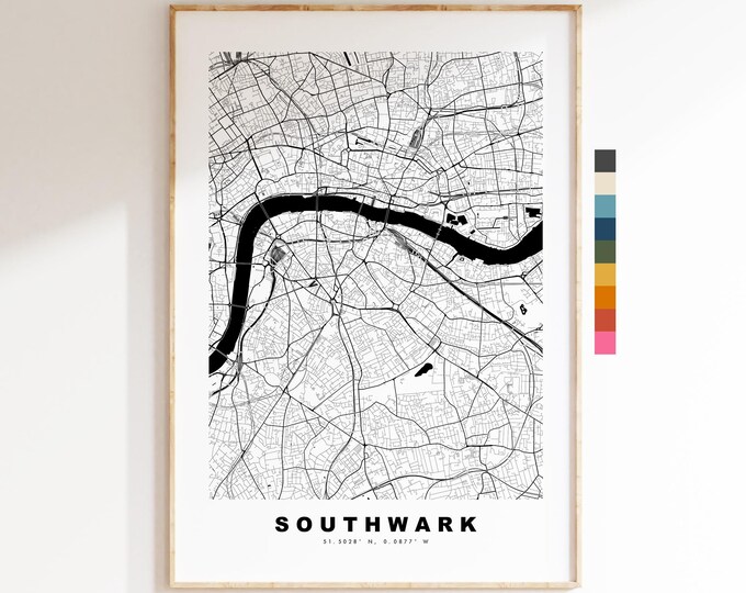 Southwark Map Print - Minimalist City Map Poster - Map Art - UK - Southwark Print - Southwark, London - Different Colours Available