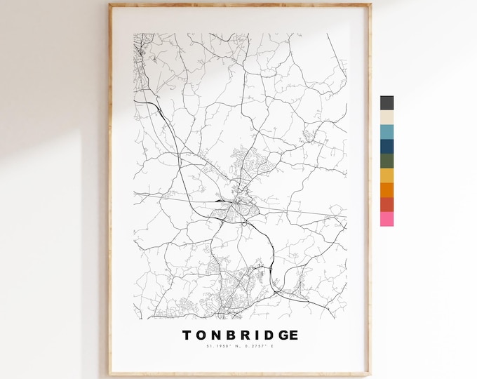 Tonbridge Map Print - Minimalist City Map Poster - Map Art - UK - Tonbridge Print - Tonbridge, Kent - Different Colours Available