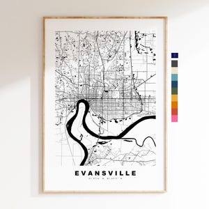 Evansville Carte de la ville Imprimer - impression de carte - art de la carte - estampes ou impressions encadrées - minimaliste - États-Unis