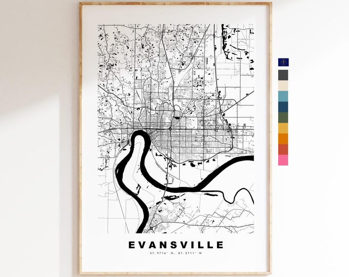 Evansville Map Print - City Map Poster - Map Art - USA City Maps - Evansville Print - Evansville Poster - Minimalist City Map - Indiana