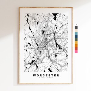 Worcester Carte de la ville Imprimer - impression de carte - art de la carte - estampes ou impressions encadrées - minimaliste - États-Unis