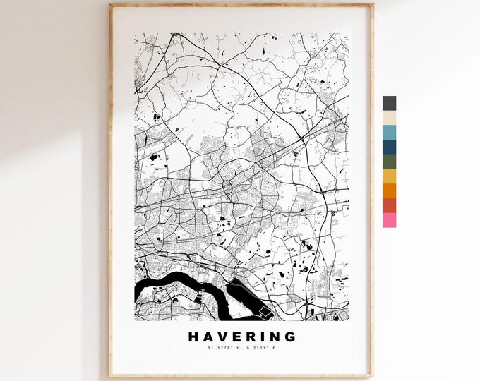 Havering Map Print - Minimalist City Map Poster - Map Art - UK - Havering Print - Havering, London - Different Colours Available