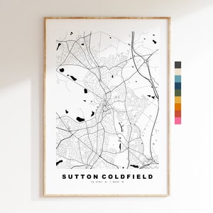 Impresión de mapa de Sutton Coldfield - Póster de mapa de ciudad minimalista - Arte de mapas - Reino Unido - Impresión de Sutton - Póster de Sutton - Diferentes colores disponibles