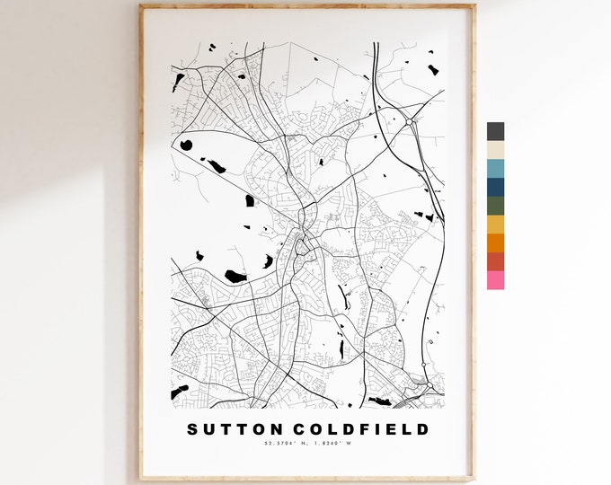 Sutton Coldfield Map Print - Minimalist City Map Poster - Map Art - UK - Sutton Print - Sutton Poster - Different Colours Available