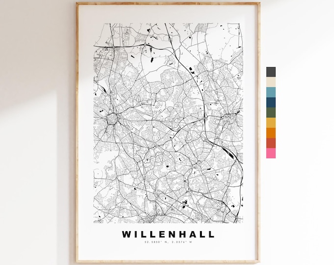 Willenhall Map Print - Minimalist City Map Poster - Map Art - UK - Willenhall Print - West Midlands - Different Colours Available