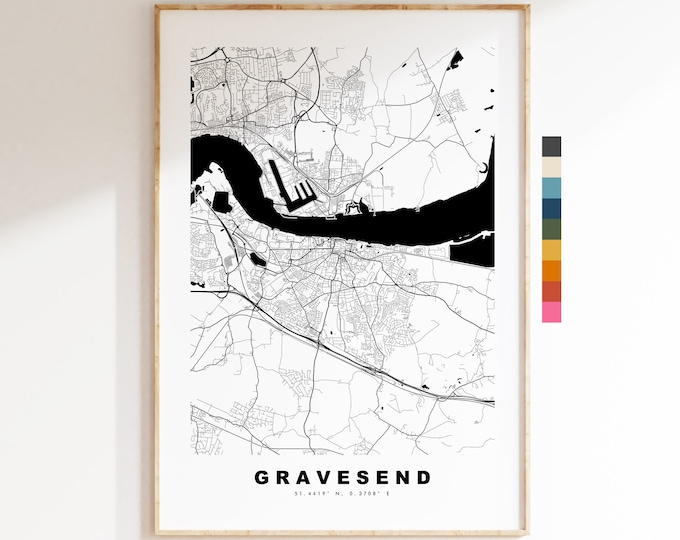 Gravesend Map Print - Minimalist City Map Poster - Map Art - UK - Gravesend Print - Gravesend Poster - Different Colours Available