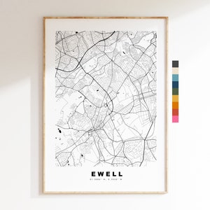 Impresión de mapa de Ewell - Póster de mapa de ciudad minimalista - Arte de mapas - Reino Unido - Impresión de Ewell - Póster de Ewell - Diferentes colores disponibles