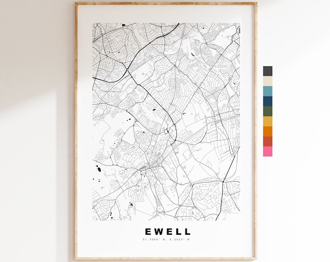 Ewell Map Print - Minimalist City Map Poster - Map Art - UK - Ewell Print - Ewell Poster - Different Colours Available