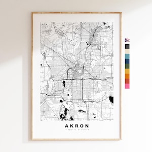 Akron Carte de la ville Imprimer - impression de carte - art de la carte - estampes ou impressions encadrées - minimaliste - États-Unis