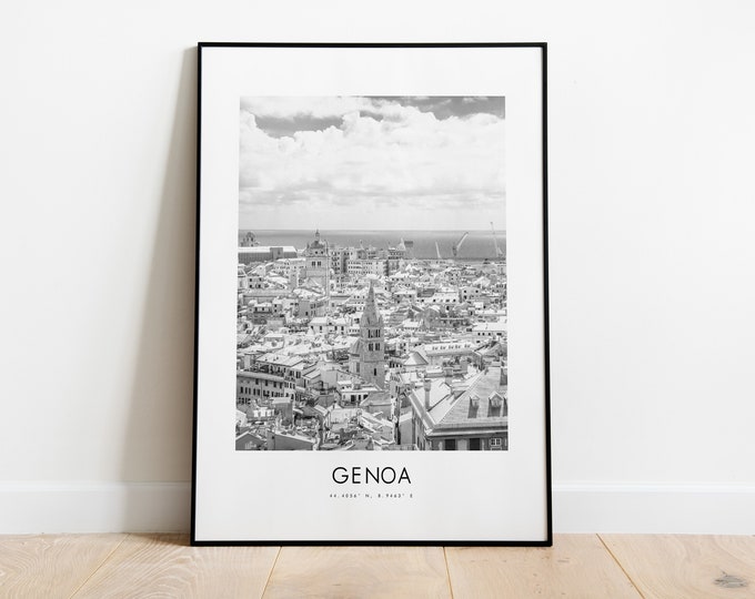 Genoa City Poster Print - Black and White Minimalist City Print - Coordinates - Genoa Poster - Genoa Art Print - Genoa Print - Italy - Gift