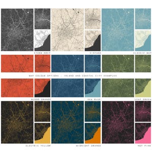 May include: A chart showing different color options for maps, with examples of inland and coastal city maps. The colors include storm grey, vintage, classic map, blood orange, sea blue, leaf green, electric yellow, midnight orange, and hot pink.