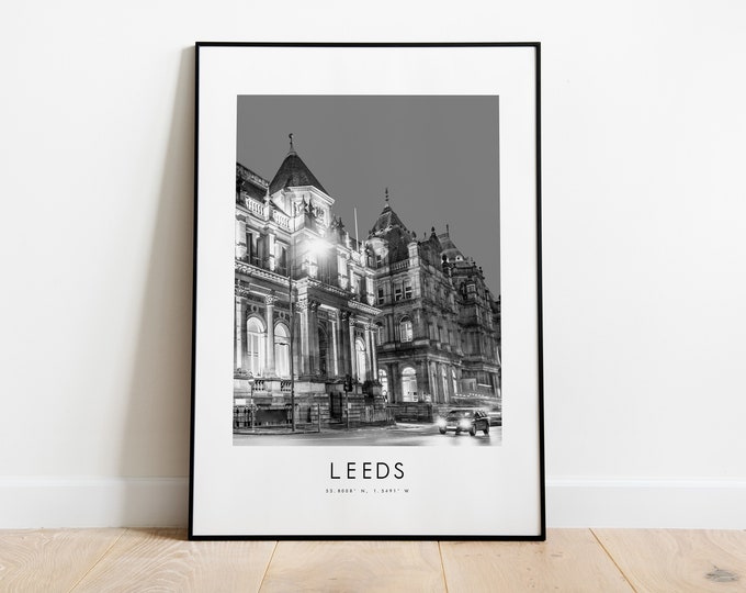 Leeds City Poster Print - Black and White Minimalist City Print - Coordinates - Leeds Poster - Leeds Art Print - Poster - UK - Gift