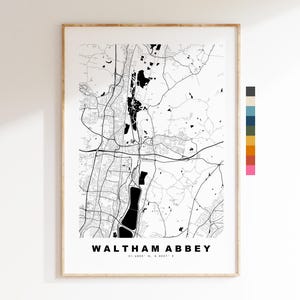 Impresión del mapa de la Abadía de Waltham - Póster minimalista de mapa urbano - Arte cartográfico - Reino Unido - Impresión de la Abadía de Waltham - Essex - Diferentes colores disponibles