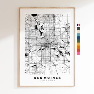 Des Moines Carte de la ville Imprimer - impression de carte - art de la carte - estampes ou impressions encadrées - minimaliste - États-Unis
