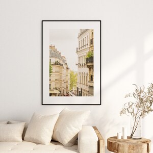 May include: A framed photograph of a narrow street in Paris, France. The street is lined with tall, white buildings with balconies and windows. The buildings are in focus, while the street below is blurred.