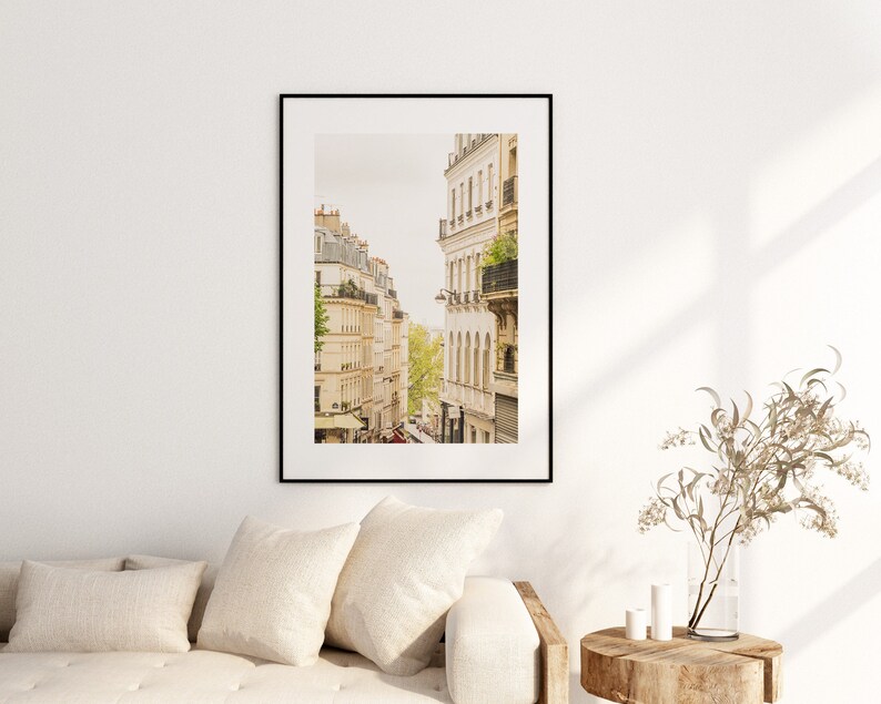 May include: A framed photograph of a narrow street in Paris, France. The street is lined with tall, white buildings with balconies and windows. The buildings are in focus, while the street below is blurred.