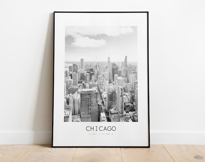 Chicago City Poster Print - Black and White Minimalist City Print - Coordinates - Chicago Poster - Chicago Art Print - USA - Chicago Gift