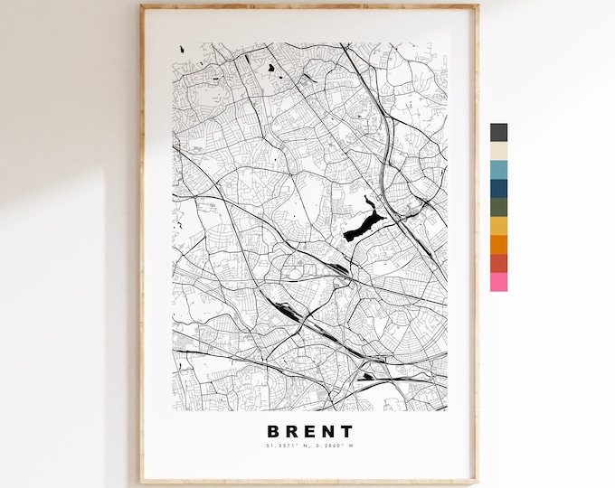 Brent Map Print - Minimalist City Map Poster - Map Art - UK - Brent Print - Brent, London - Different Colours Available