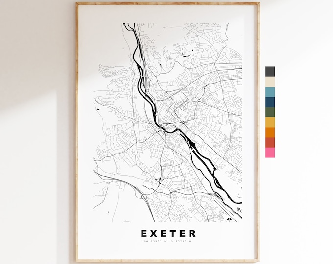 Exeter Map Print - Minimalist City Map Poster - Map Art - UK - Exeter Print - Exeter Poster - Different Colours Available