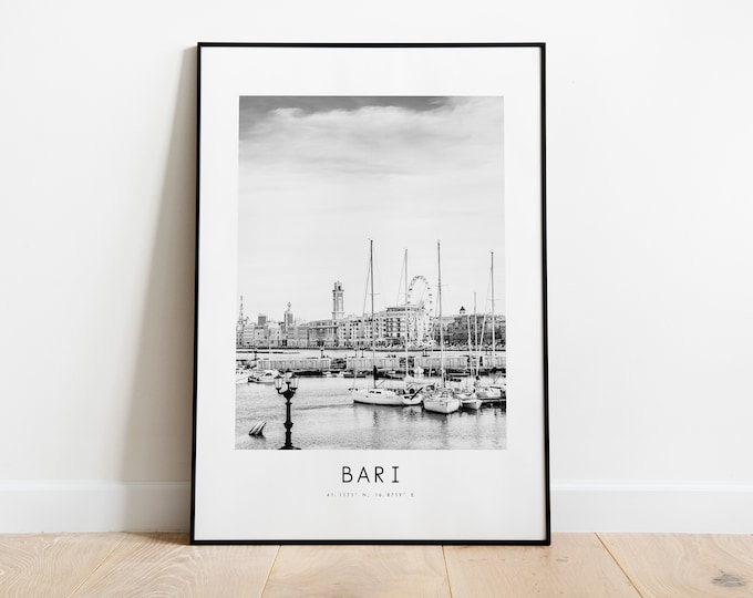 Bari City Poster Print - Black and White Minimalist City Print - Coordinates - Bari Poster - Bari Art Print - Bari Print - Italy