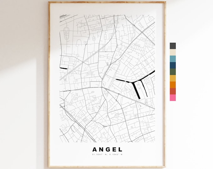 Angel Map Print - Minimalist City Map Poster - Map Art - London, UK - Angel Print - Angel Poster - Different Colours Available