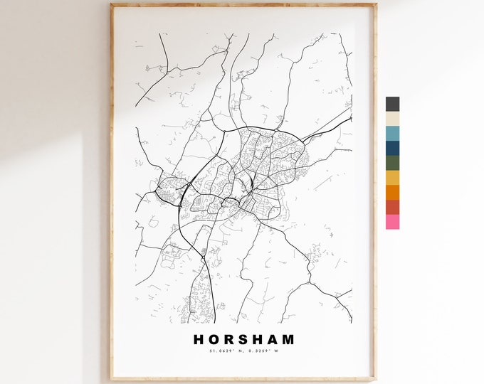 Horsham Map Print - Minimalist City Map Poster - Map Art - UK - Horsham Print - Horsham Poster - Different Colours Available