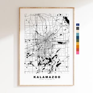 Kalamazoo Carte de la ville Imprimer - impression de carte - art de la carte - estampes ou impressions encadrées - minimaliste - États-Unis