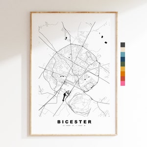 Impresión de mapa de Bicester - Póster de mapa de ciudad minimalista - Arte de pared con mapas - Reino Unido - Impresión de Bicester - Póster de Bicester - Diferentes colores disponibles
