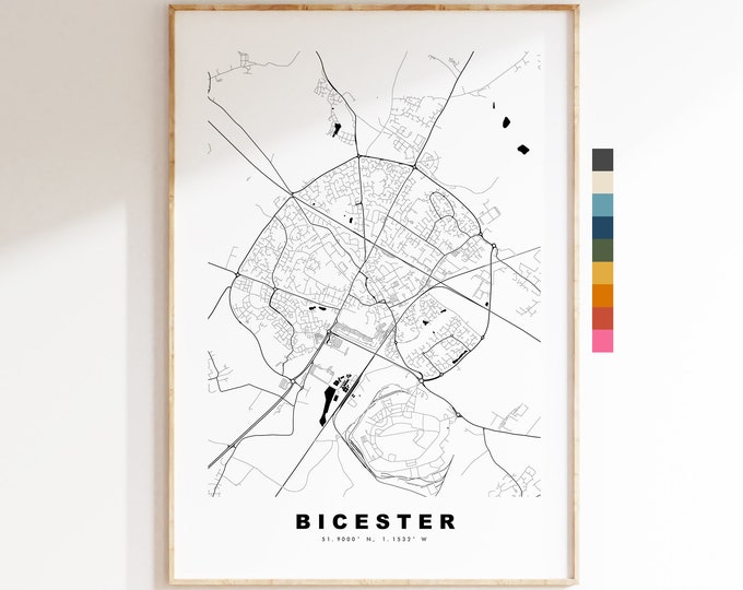 Bicester Map Print - Minimalist City Map Poster - Map Wall Art - UK - Bicester Print - Bicester Poster - Different Colours Available