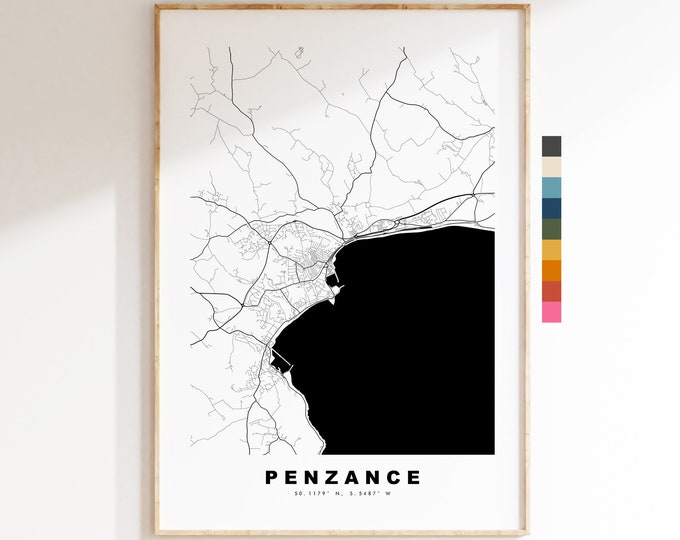 Penzance Map Print - Minimalist City Map Poster - Map Art - UK - Penzance Print - Penzance Poster - Different Colours Available