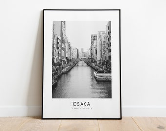 Osaka City Poster Print - Black and White Minimalist City Print - Coordinates - Osaka Poster - Osaka Art Print - Japan - Dotonburi - Gift