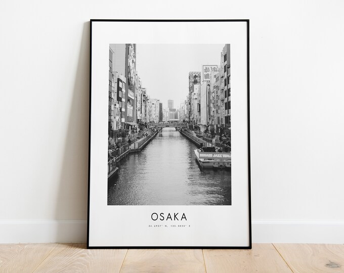 Osaka City Poster Print - Black and White Minimalist City Print - Coordinates - Osaka Poster - Osaka Art Print - Japan - Dotonburi - Gift