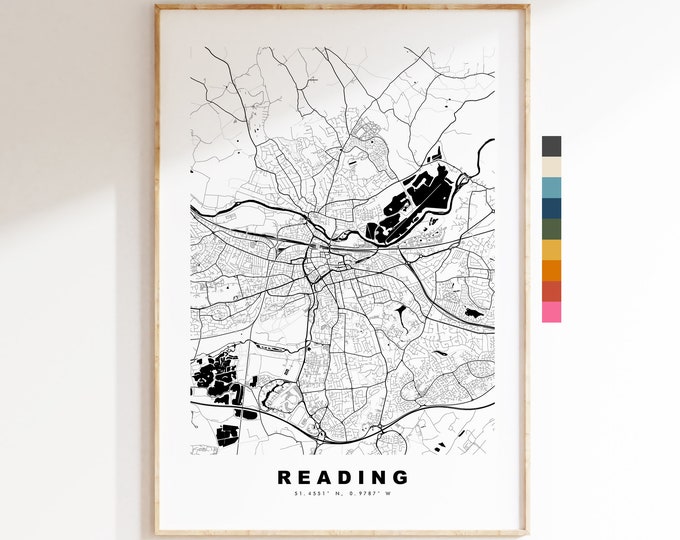 Reading Map Print - Minimalist City Map Poster - Map Art - UK - Reading Print - Reading Poster - Different Colours Available