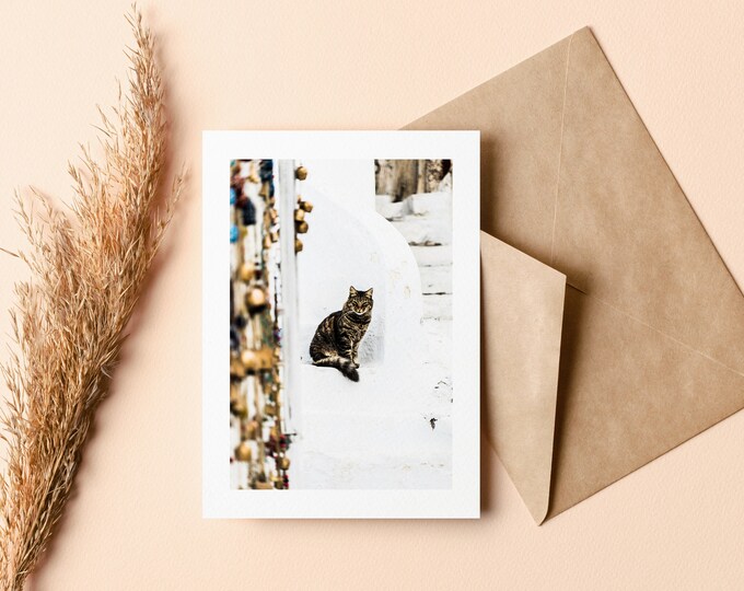 Santorini Greeting Card - Cat Greeting Card - Blank Inside - Birthday - Anniversary - Mothers Day - Fathers Day - Holiday - Greetings Card