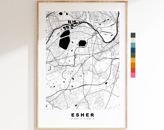 Esher Map Print - Minimalist City Map Poster - Map Art - UK - Esher Print - Esher Poster - Different Colours Available