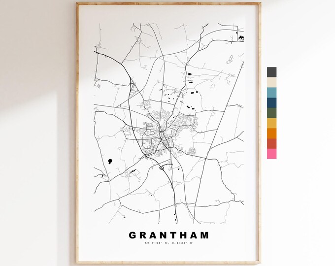 Grantham Map Print - Minimalist City Map Poster - Map Art - UK - Grantham Print - Grantham, Lincolnshire - Different Colours Available