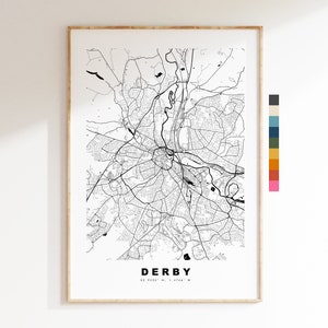 Impresión de mapa de Derby - Póster de mapa de ciudad minimalista - Arte de pared con mapas - Reino Unido - Impresión de Derby - Póster de Derby - Diferentes colores disponibles