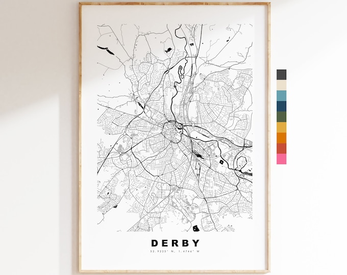 Derby Map Print - Minimalist City Map Poster - Map Wall Art - UK - Derby Print - Derby Poster - Different Colours Available