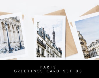 Paris Greeting Card Set - 3x Greeting Cards - Blank Inside - Brown Recycled Envelopes - Paris Birthday Card - Wedding - Anniversary - Gift