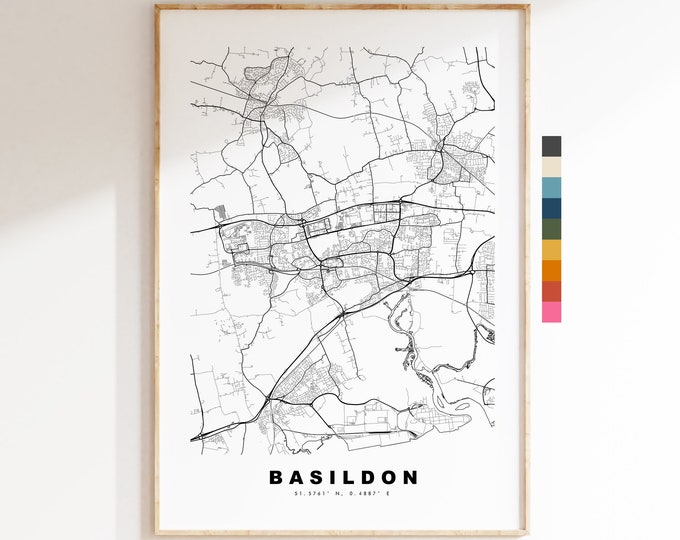 Basildon Map Print - Minimalist City Map Poster - Map Wall Art - UK - Basildon Print - Basildon Poster - Different Colours Available