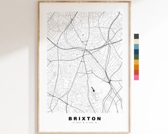 Brixton Map Print - Minimalist City Map Poster - Map Art - London, UK - Brixton Print - Brixton Poster - Different Colours Available