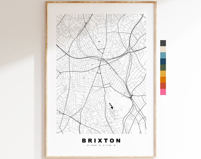 Brixton Map Print - Minimalist City Map Poster - Map Art - London, UK - Brixton Print - Brixton Poster - Different Colours Available