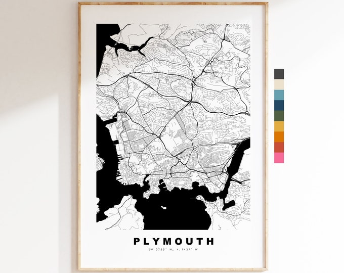 Plymouth Map Print - Minimalist City Map Poster - Map Art - UK - Plymouth Print - Plymouth Poster - Different Colours Available