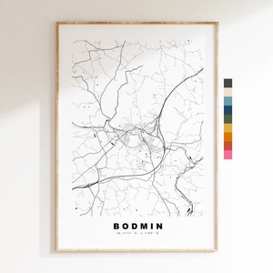 Impresión de mapa de Bodmin - Póster de mapa de ciudad minimalista - Arte de pared con mapas - Reino Unido - Impresión de Bodmin - Póster de Bodmin - Diferentes colores disponibles