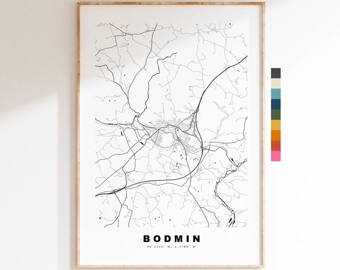Bodmin Map Print - Minimalist City Map Poster - Map Wall Art - UK - Bodmin Print - Bodmin Poster - Different Colours Available