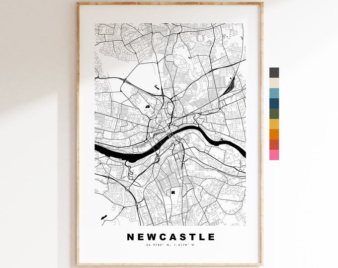 Newcastle Map Print - Minimalist City Map Poster - Map Art - UK - Newcastle Print - Newcastle Poster - Different Colours Available