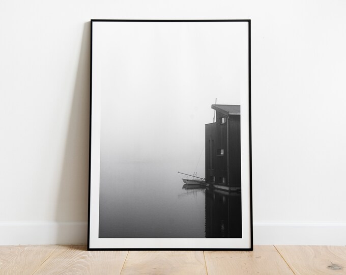 Houses on the Lake - Minimalist Scandinavian Style Photography Print - Amsterdam Boat House - Reflections - Contemporary - Black and White
