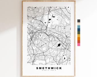 Impression de carte de Smethwick - Poster de carte de la ville minimaliste - Art de carte - Royaume-Uni - Impression de Smethwick - Smethwick, West Midlands - Différentes couleurs disponibles