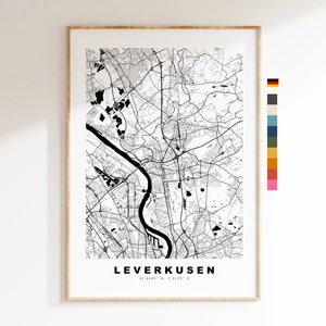 Leverkusen Stadtplan-Druck – minimalistischer Stadtplan – Karten-Wandkunst – Drucke oder gerahmte Drucke